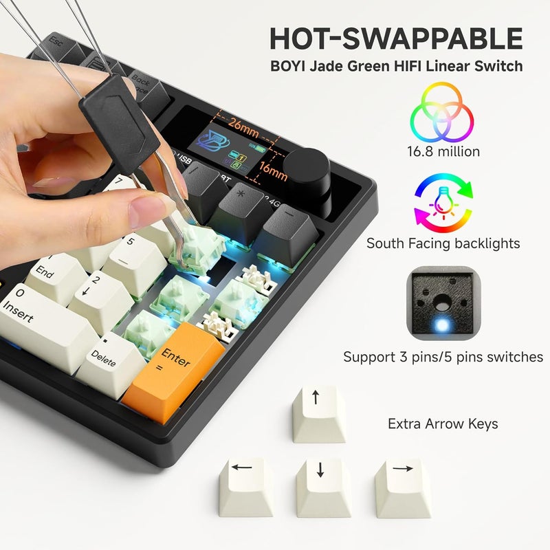 Boyi TD31Pro Mechanical Numpad,Mini Keyboard with Screen&Knob,Bluetooth5.0/2.4G/Type-C Wireless Numeric Keypad,Gasket HotSwap RGB Number Pad,PBT Keycaps Rechargeable Number keypad for PC(Black-Grey) - Image 4